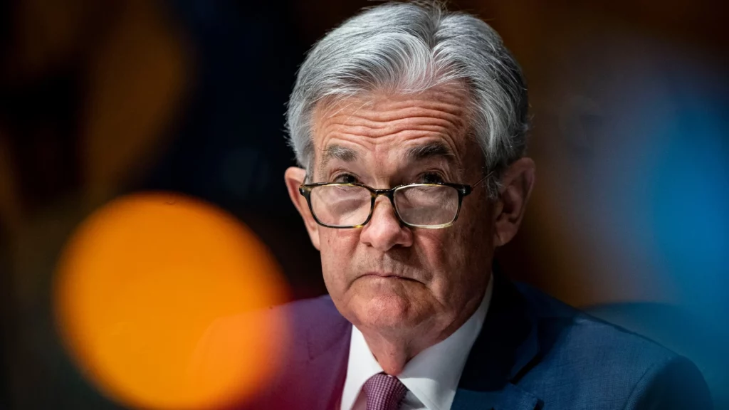 Federal reserve chair jerome powell addressing the media about the central bank's decision