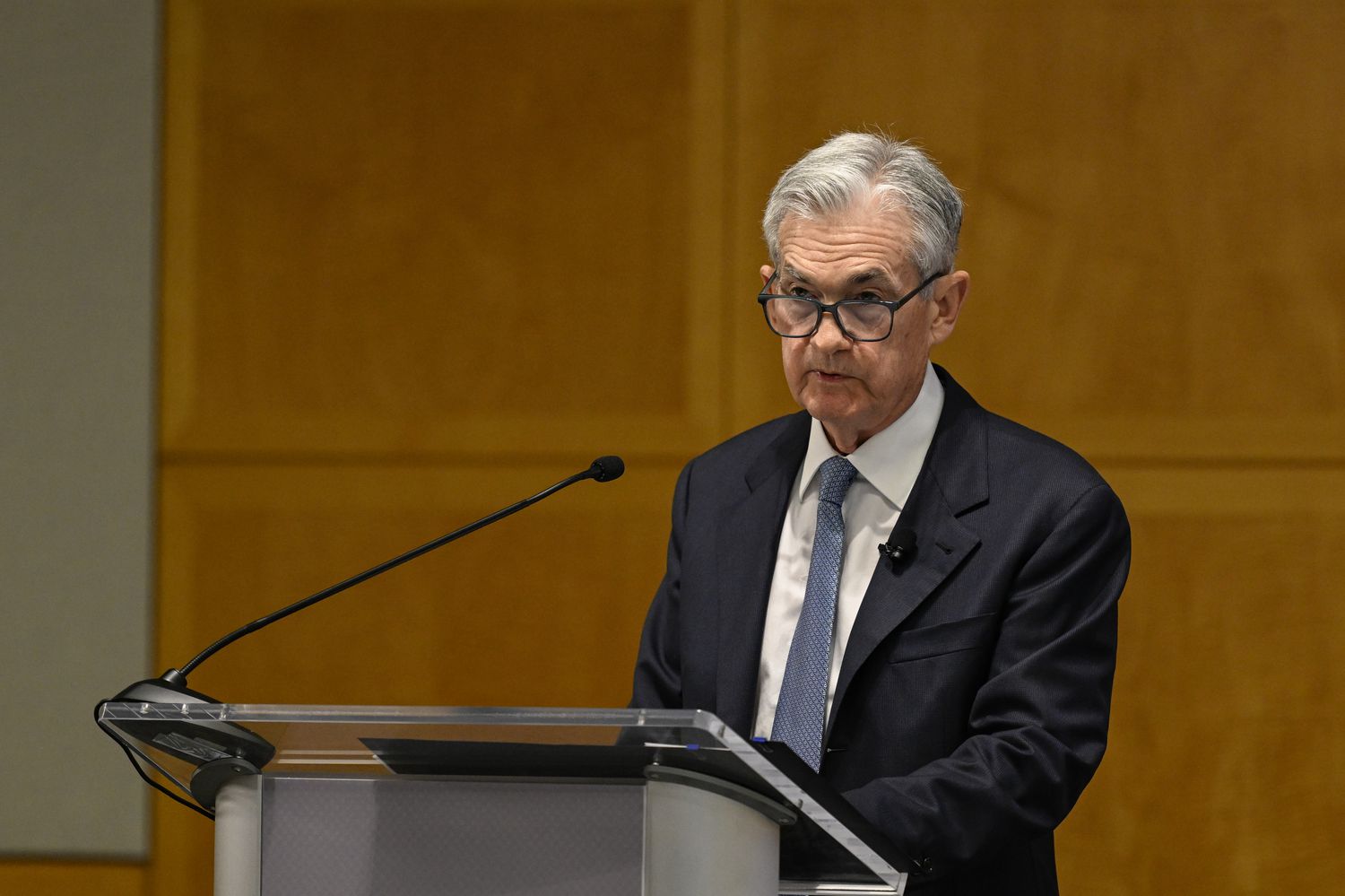 Federal Reserve Chairman Jerome Powell speaks at the IMF Headquarters in Washington.