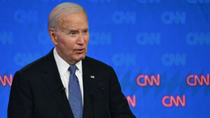 US President Joe Biden speaks as he participates in the first presidential debate of the 2024 elections with former US president and Republican presidential candidate Donald Trump at CNN's studios in Atlanta, Georgia, on June 27, 2024. (ANDREW CABALLERO-REYNOLDS / AFP)