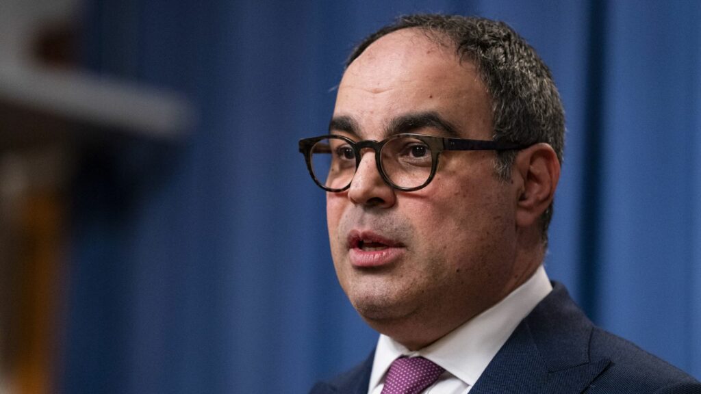 Jonathan Kanter, assistant attorney general of antitrust for the US Department of Justice, speaks during a news conference at the Department of Justice in Washington, DC, U