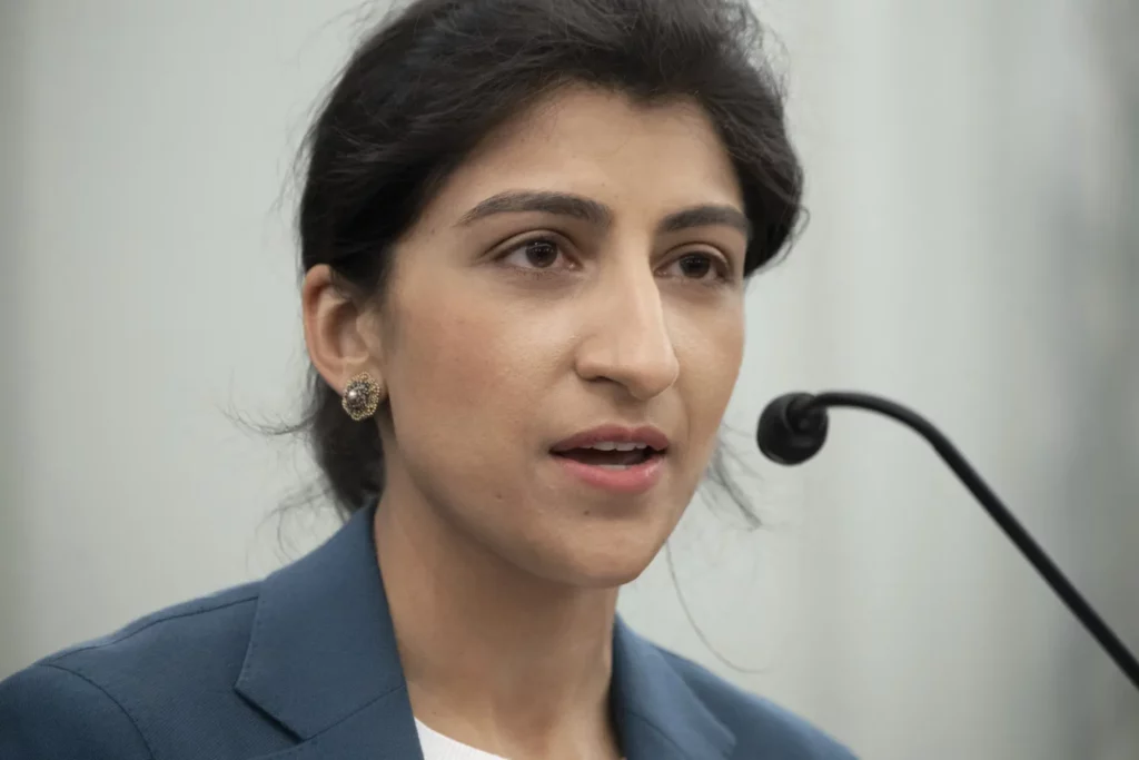 Lina Khan, the nominee for Commissioner of the Federal Trade Commission (FTC), speaks during a Senate Committee on Commerce, Science, and Transportation confirmation hearing, April 21, 2021 on Capitol Hill in Washington.