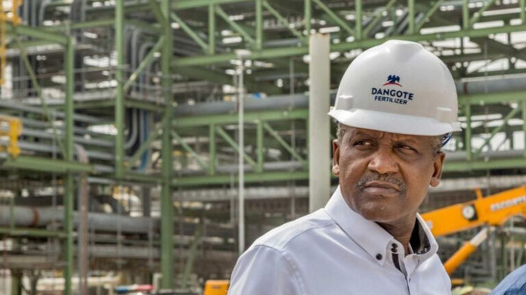 Aliko Dangote wearing a white hard hat labeled 'Dangote Fertilizer,' standing in front of industrial structures at the Dangote Fertilizer Plant.