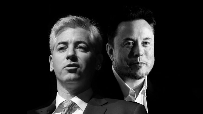 Bill Ackman and Elon Musk, both influential business figures, pictured side by side, expressing their endorsement of Donald Trump for the upcoming presidential election.