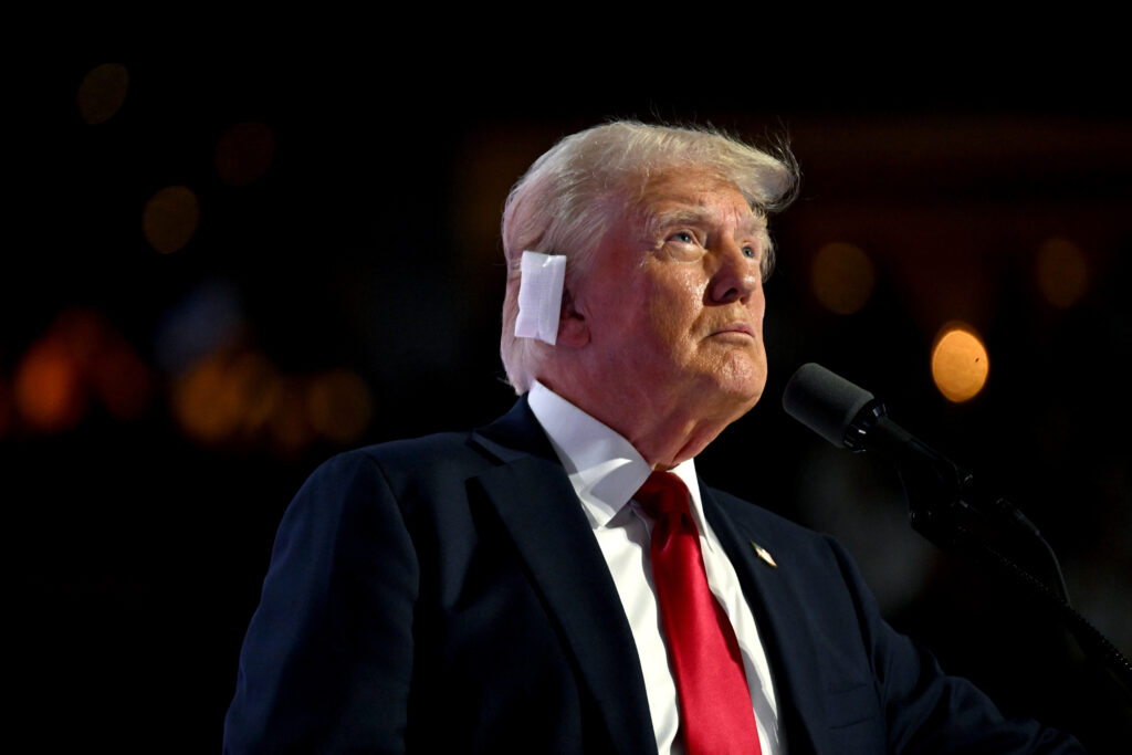 Donald Trump, with a bandaged ear, speaking at the Republican National Convention.