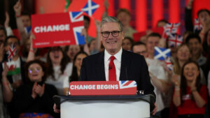 Labour leader Sir Keir Starmer cheered at a watch party for the results of the 2024 General Election in central London