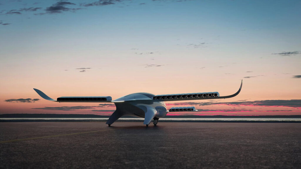 Lilium 7 seat electric jet on the runway at sunset with a serene sky in the background