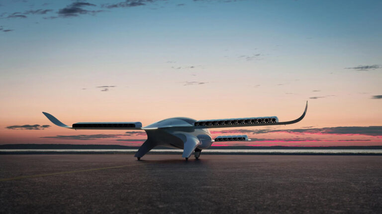 Lilium 7-seat electric jet on the runway at sunset, with a serene sky in the background.
