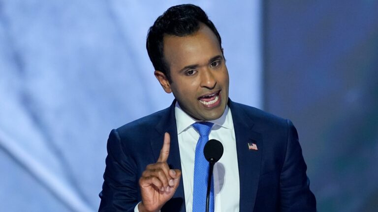 Vivek Ramaswamy speaking at the 2024 Republican National Convention, gesturing with his hand while making a point during his endorsement of Donald Trump.