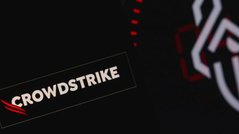 CrowdStrike logo on screen, related to global outage caused by defective update.