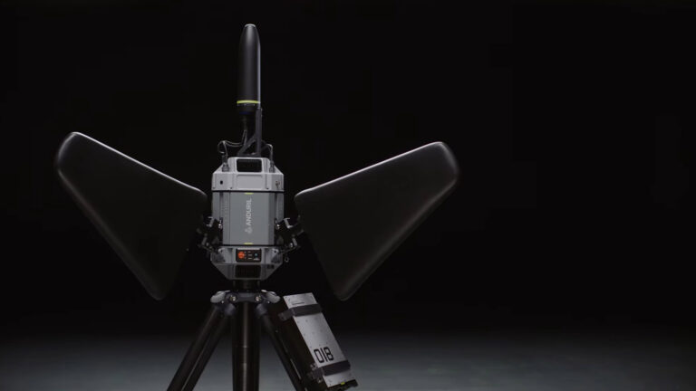 Image of the Anduril Pulsar counter-drone system, featuring two large antennas and a compact central unit on a tripod.