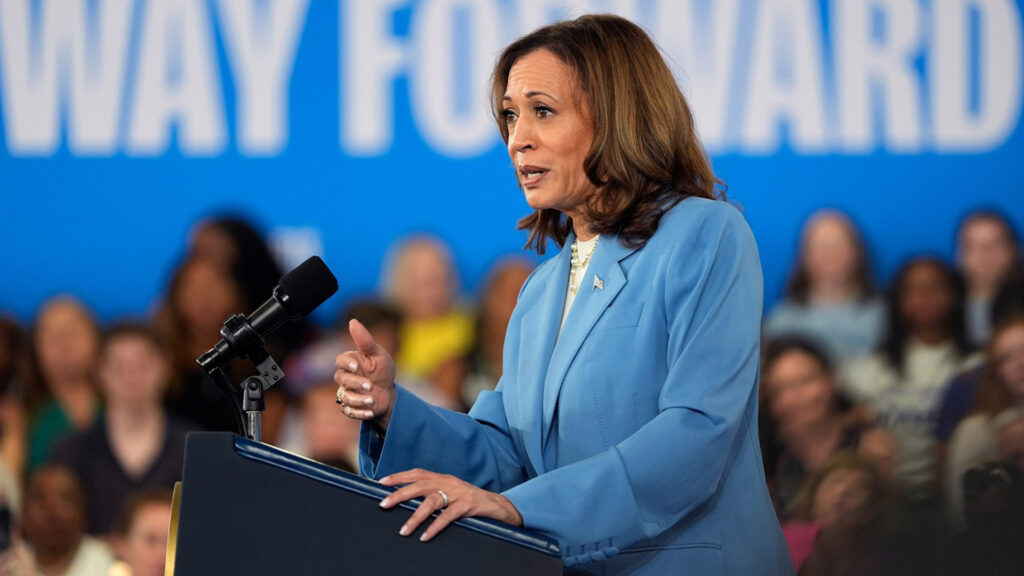 Vice President Kamala Harris speaking at a campaign event in Raleigh, N.C., on August 16, 2024.