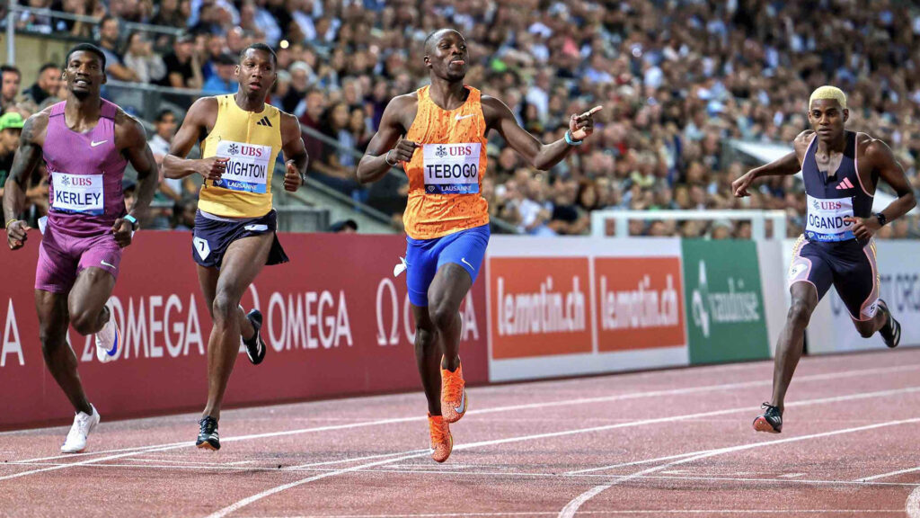 Letile Tebogo winning the men's 200m race at the Lausanne Diamond League, leading the pack with a strong finish.