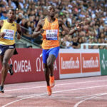 Letile Tebogo winning the men's 200m race at the Lausanne Diamond League, leading the pack with a strong finish.