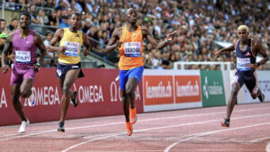 Letile Tebogo winning the men's 200m race at the Lausanne Diamond League, leading the pack with a strong finish.