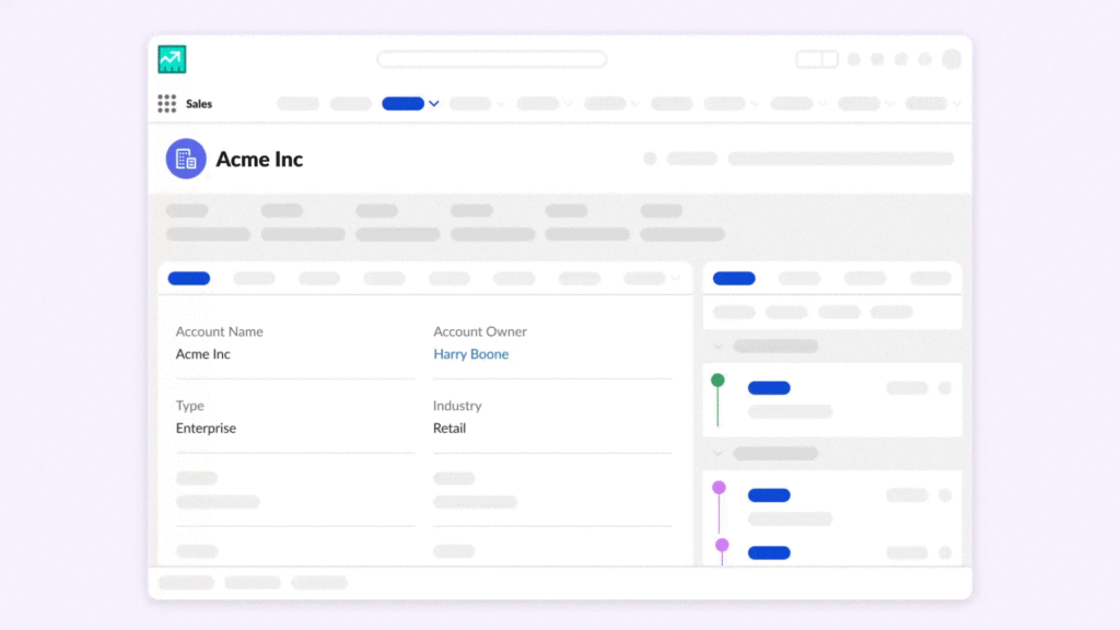 A Salesforce CRM dashboard displaying account information for "Acme Inc.," including details such as account owner, industry, and sales progress tracking with color-coded indicators.