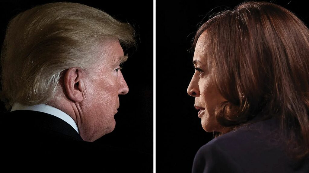 A split image of donald trump and kamala harris each shown in profile facing each other representing a clash of political ideologies