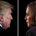 A split image of Donald Trump and Kamala Harris, each shown in profile facing each other, representing a clash of political ideologies.