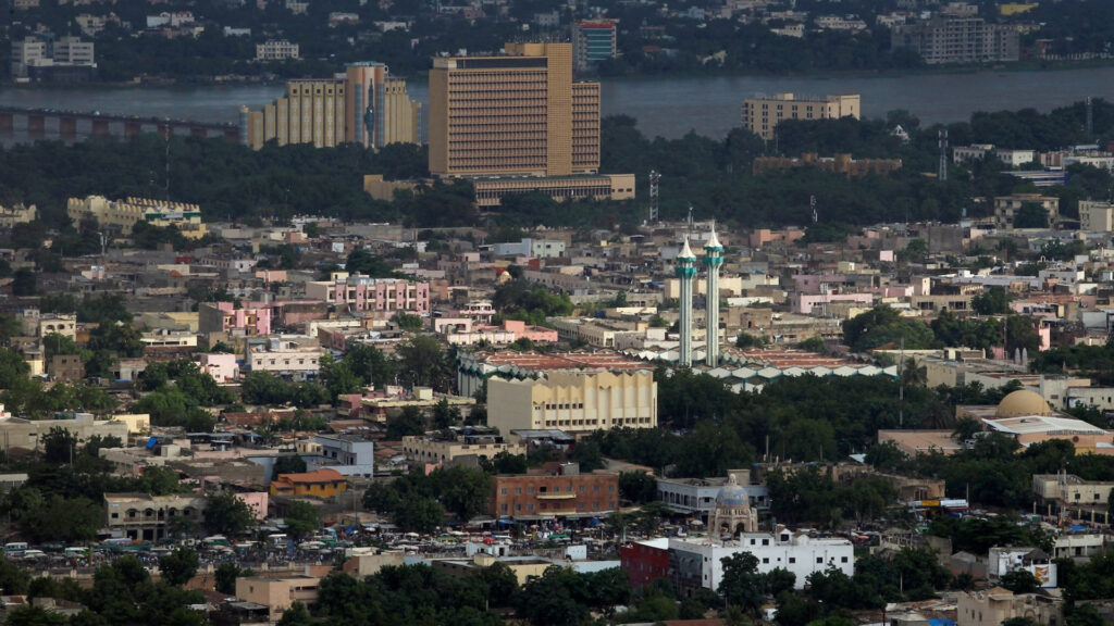 Aerial view of bamako mali with a mix of modern and traditional buildings the niger river and notable landmarks