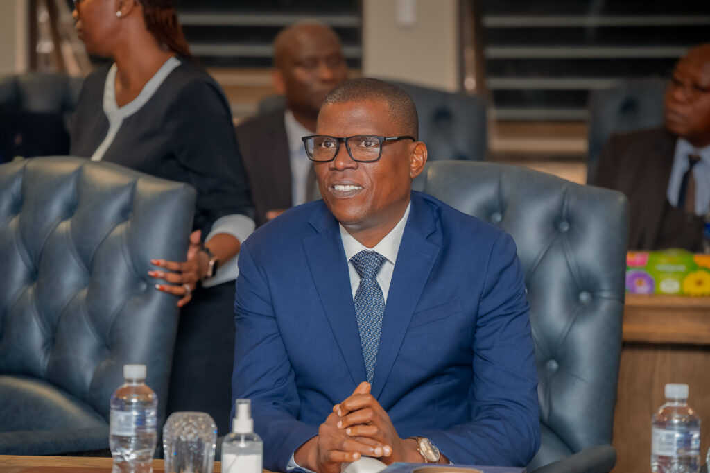 Minister of communications and innovation david tshete of botswana seated during the swearing in ceremony of new cabinet ministers