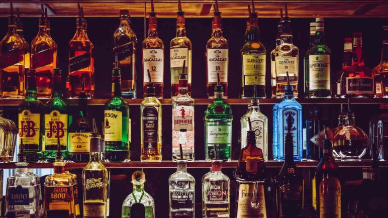 Assorted liquor brands on a shelve