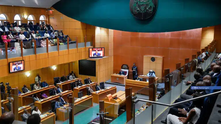 President Duma Boko delivering his first State of the Nation Address (SONA) 2024 in Parliament, addressing members and the nation.