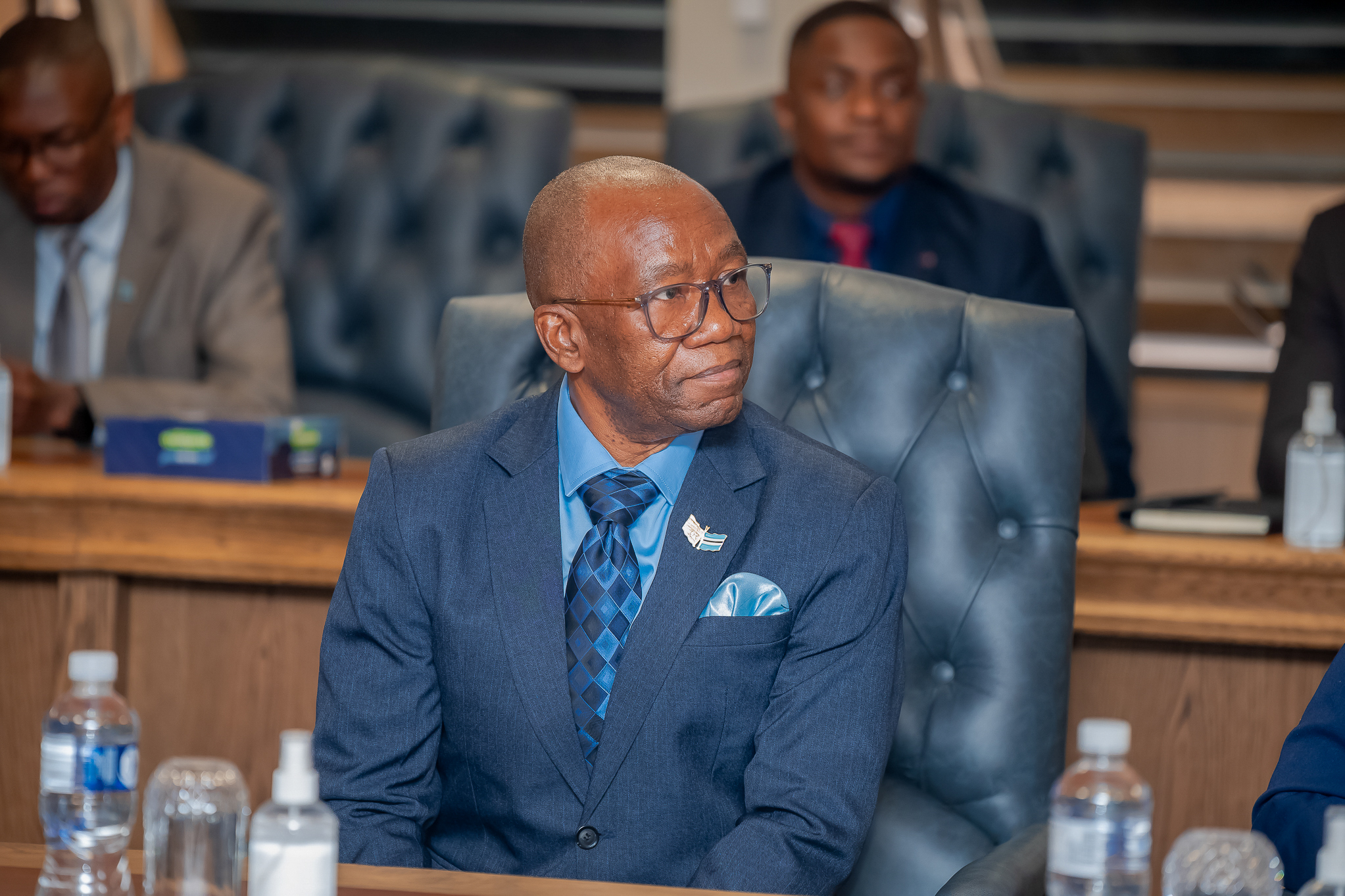 Deputy minister of communications and innovation shawn ntlhaile of botswana seated during the swearing in of new cabinet ministers