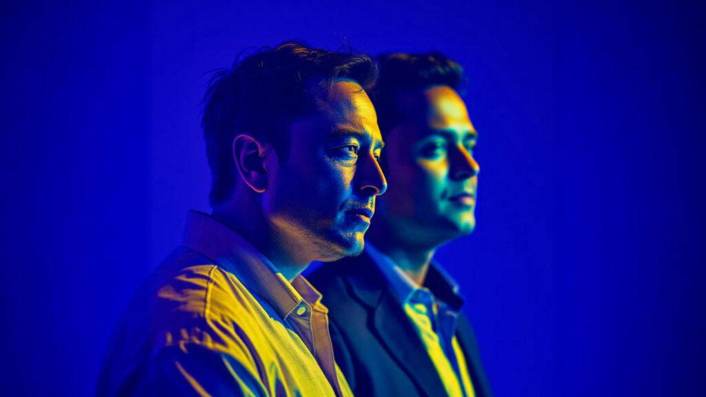 Ai generated image of elon musk and vivek ramaswamy featuring a dramatic blue and yellow lighting contrast both looking forward