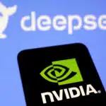 A smartphone showing the NVIDIA logo with the DeepSeek AI branding in the background, symbolizing their collaboration in artificial intelligence advancements.