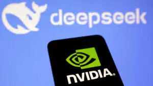 A smartphone showing the nvidia logo with the deepseek ai branding in the background symbolizing their collaboration in artificial intelligence advancements