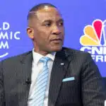 President duma boko speaking at the africas economy young and fast session at the world economic forum 2025 with cnbc africa and wef branding in the background