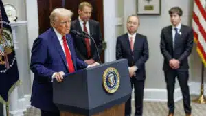 President donald trump speaks at the podium during the launch of project stargate flanked by industry leaders in a ceremony emphasizing the transformative ai infrastructure initiative