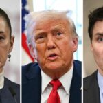 Mexican President Claudia Sheinbaum, U.S. President Donald Trump, and Canadian Prime Minister Justin Trudeau in a split-screen image, reacting to new U.S. trade tariffs.