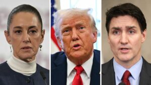 Mexican President Claudia Sheinbaum, U.S. President Donald Trump, and Canadian Prime Minister Justin Trudeau in a split-screen image, reacting to new U.S. trade tariffs.