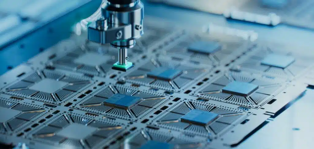 A robotic precision arm assembling microchips onto a high tech semiconductor circuit board in a manufacturing facility