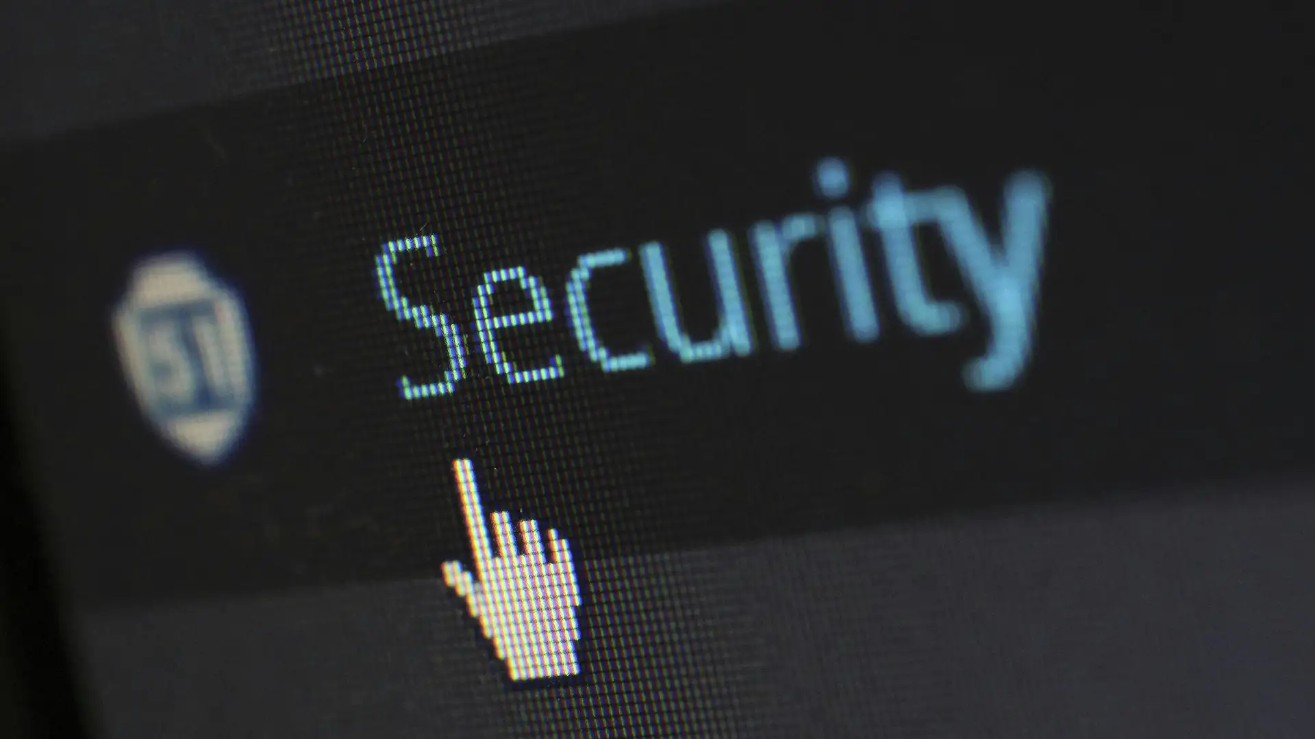 A computer screen with the word "Security" highlighted and a cursor pointing at it, symbolizing cybersecurity awareness.