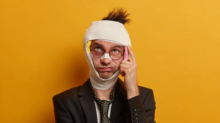 Injured office worker with bandages on head and face, symbolizing workplace incidents