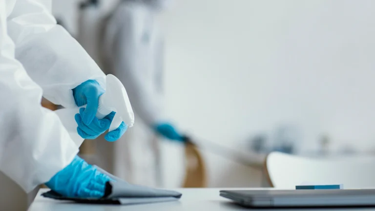 Worker in protective gear sanitizing a surface with a spray bottle.