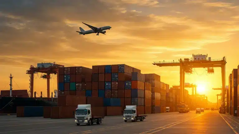 Freight Forwarding Services – Air, Sea and Road Cargo Logistics | Brimco Freight forwarding services at container port with cargo trucks and airplane during sunset