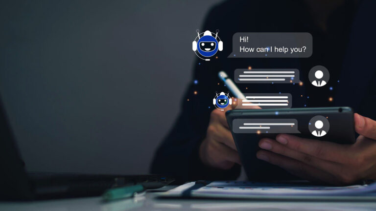Artwork-Recoveredpsd_0007_ai-chatbot-intelligent-digital-business-service-application-concept-computer-mobile-applicati | Brimco Chat bubbles and robot icons rising from a phone representing ai powered messaging assistance on a users device