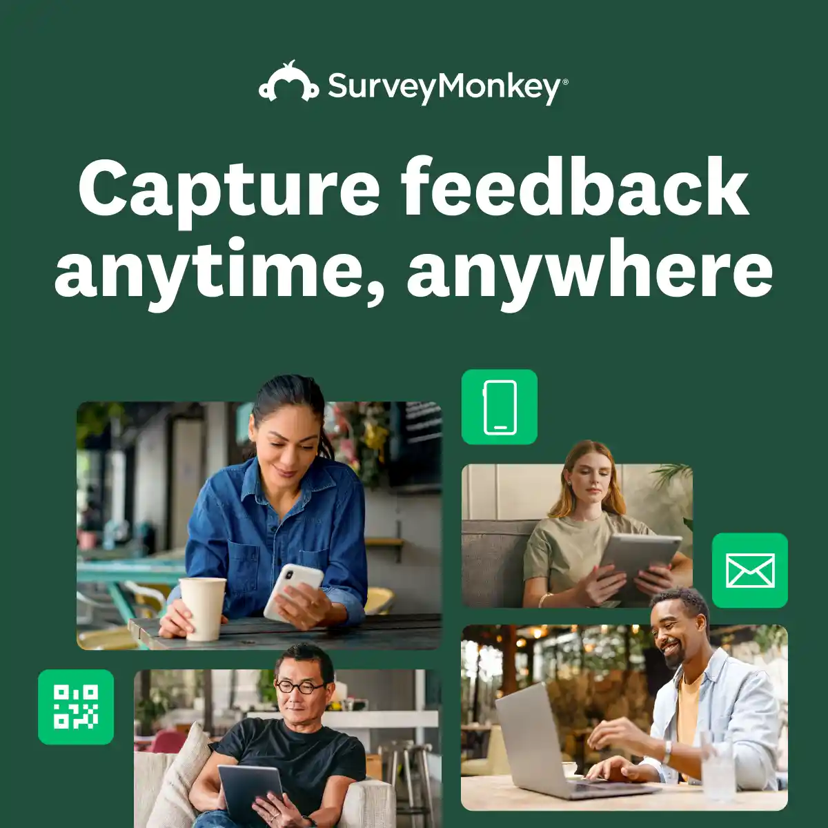 SurveyMonkey graphic promoting feedback collection through mobile, tablet, laptop, email and QR code surveys.